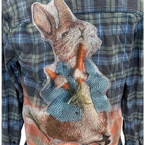 Peter Rabbit Plaid Flannel Shirt SMALL Oversize Upcycle Unique Easter Whimsical - Picture 2 of 6